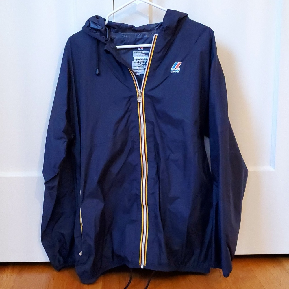 Men's K-Way Navy Blue Rain Windbreaker Coat Jacket